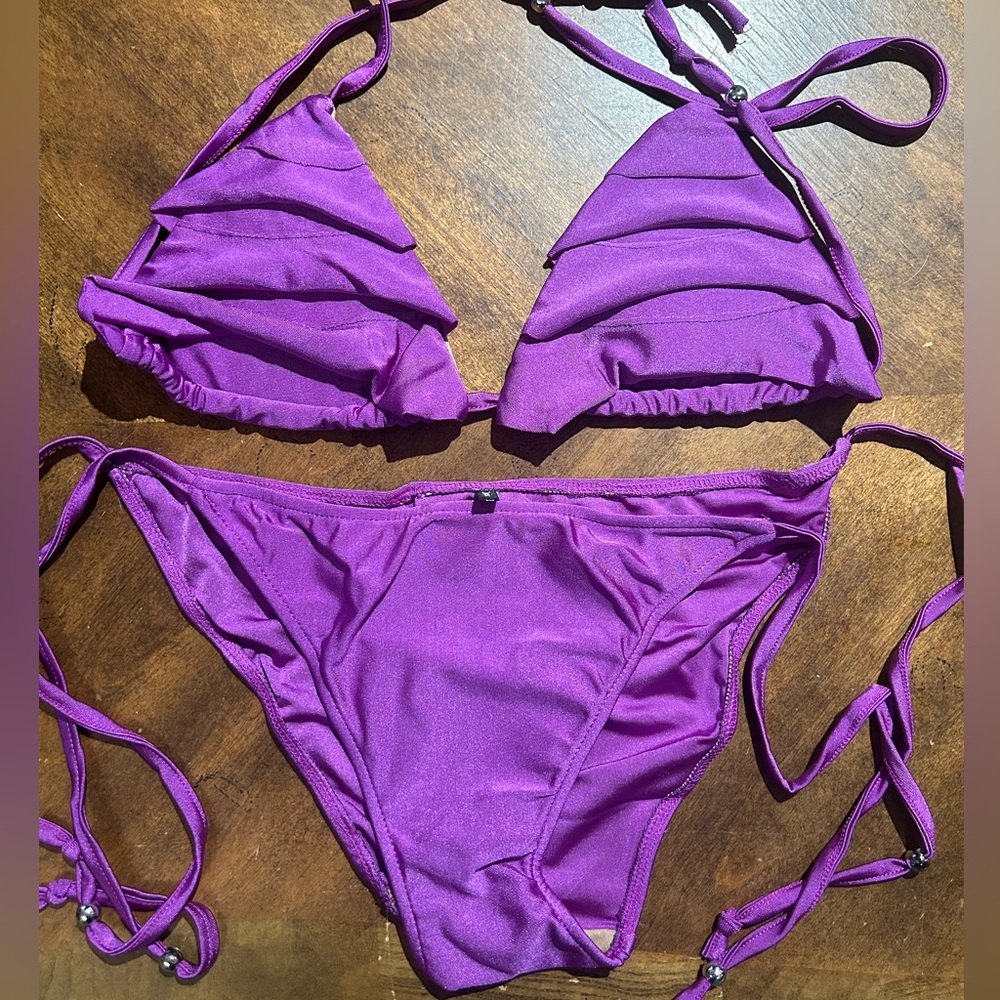 NWOT Sexy Skimpy Cloris Murphy Ruffle Tri-Top Tie Side Bottom Bling Bikini - Picture 2 of 8